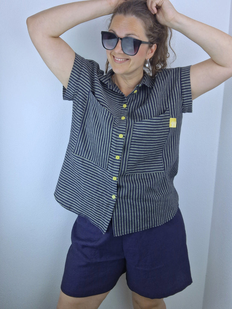 Nähbeispiel vom Wolle-Leinen-Mix als Streifen in Lila/Lindgrün und  Uni Lila 