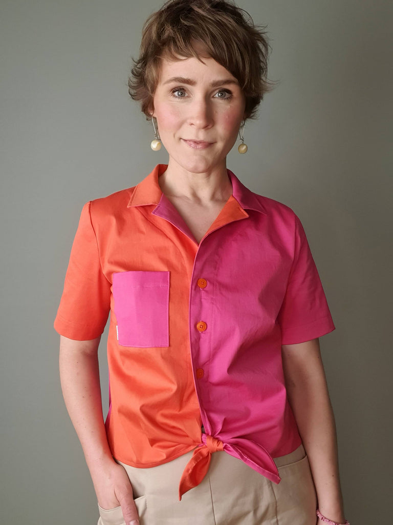 Nähbeispiel von unserem Cotton Stretch in Pink, Orange und Beige