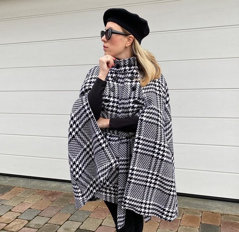 Nähbeispiel vom German Tweed Glencheck als Maxikaro in Schwarz/Weiß nach einem Schnittmuster von Vogue